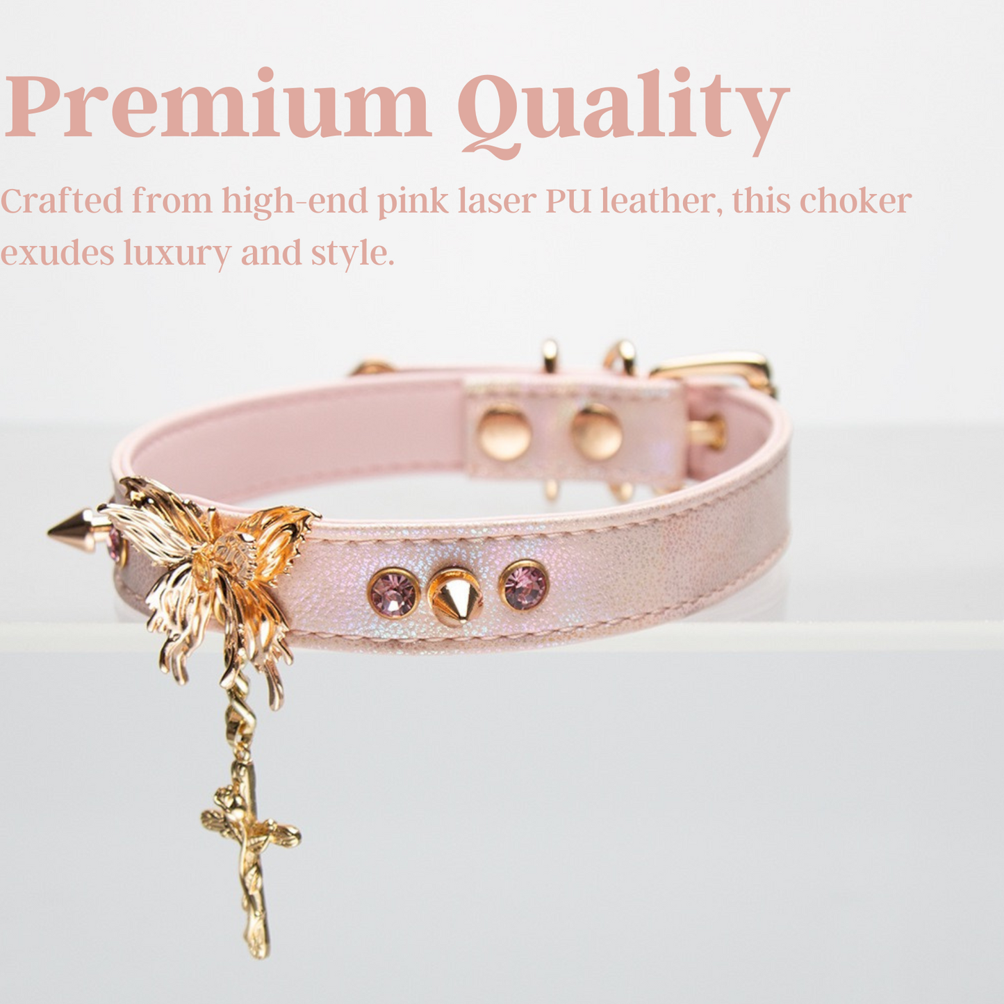 High-end Laser PU Leather Collar Choker with Mental Butterfly for Women