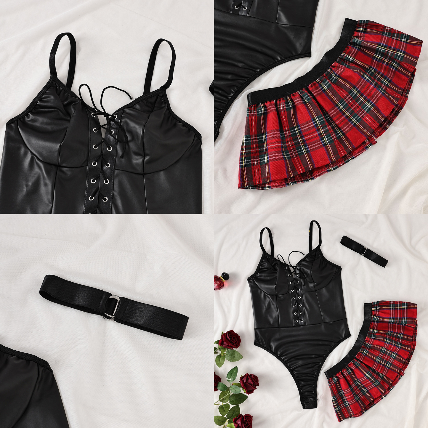 Women PU Leather Schoolgirl Lingerie Sexy Roleplay Lingerie Set，PU Leather Corset with Mini Grid Skirt and Chocker